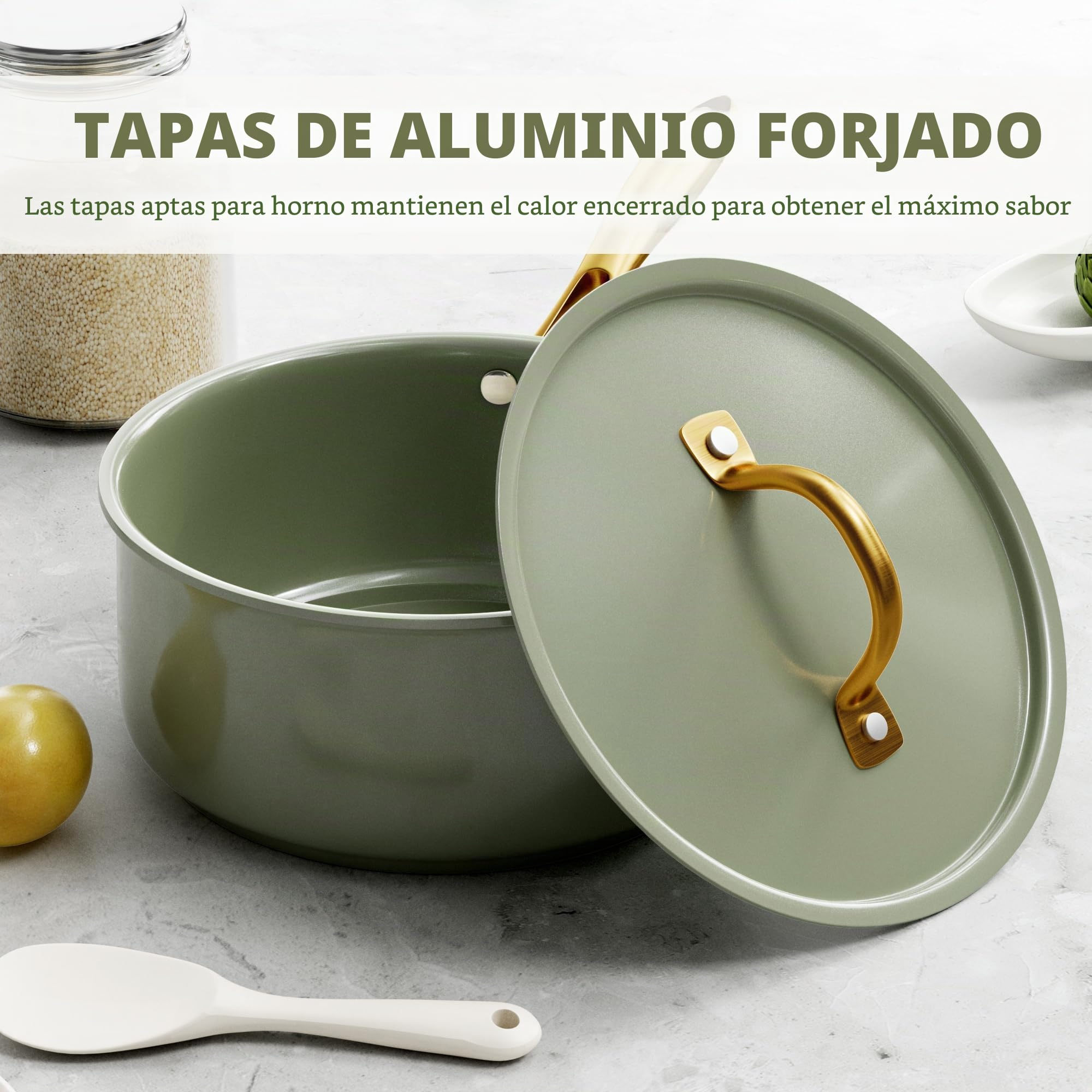 RIOVARM Inducción Juego de ollas y sartenes con Tapas, Cerámica Antiadherente Batería de cocina con juego de espátulas, Juego Esencial de Cocina para Regalos de Cocina, Olla, Sartén, Sin PFOA
