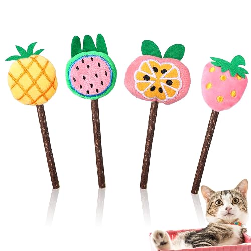 Ptwola 4 Pcs Natural Fruit Silvervine Sticks Cat Kittens Chew Toys Kicker | Indoor Lollipops, Interactive, Cat Dental, Teething Nip Treat Toys, Care Teeth Cleaning, for Bored Essentials