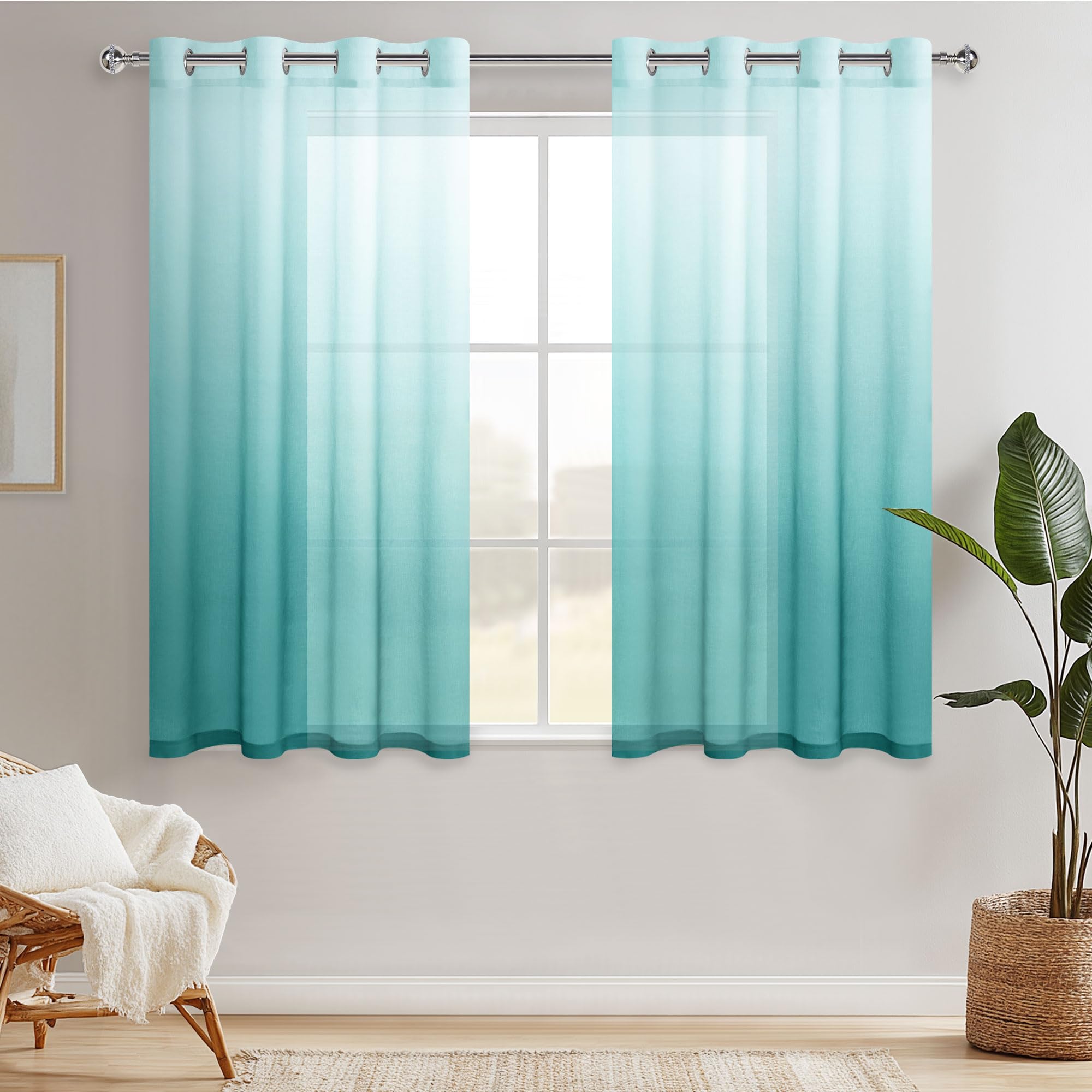 Hiasan Lot de 2 Voilages Rideaux Dégradé à Oeillet de Fenêtre en Polyester de Couleur Changée Voile Ombre Demi-Transparent Décor pour Salon Chambre Bureau，140x145cm Bleu Vert