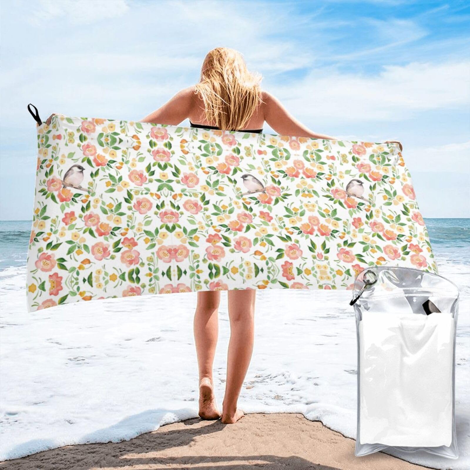 WYCZHY Flower And Bird Print Beach Towel Soft Quick Dry For Spa Pool Gym Vacation Travelers Women Men Adults Sauna Gift