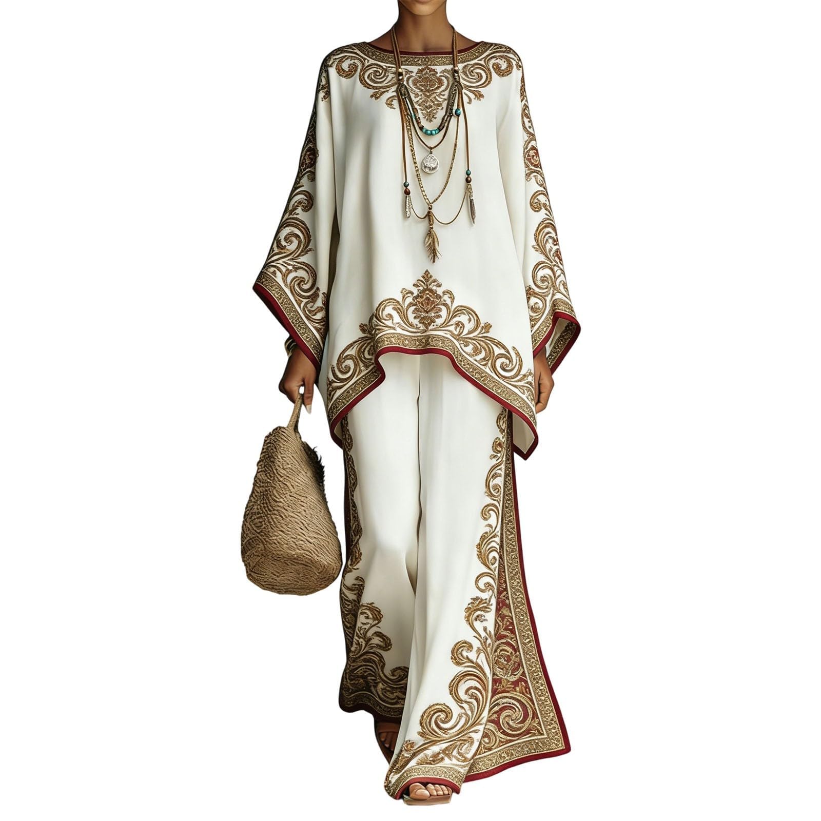 Generisch Musselin Sommer Zweiteiler Damen Leinen Set Elegant Boho Hosenanzug Weite Hose Tunika Oberteil Ethno Outfits Strandkleidung Hausanzug Oversize Freizeitanzug Ornament Urlaub Chic