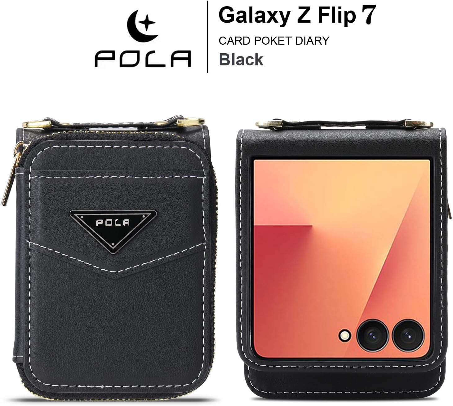 Crossbody Case for Samsung Galaxy Z Flip 7, Wallet Phone Case with Card Slot Holder Kickstand Adjustable Lanyard for Women Girls, PU Leather Zipper Purse Cover Black