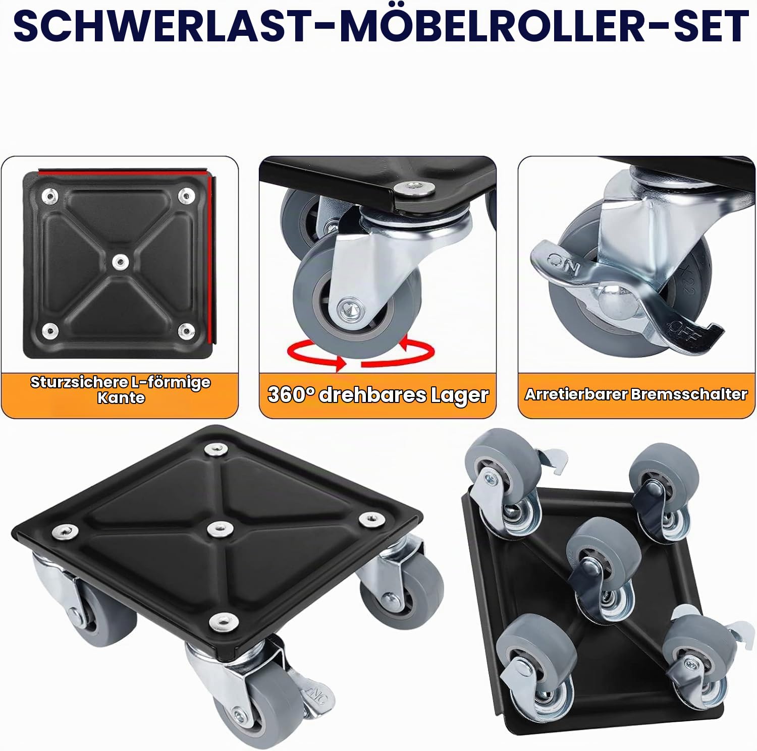 Möbeltransportrollen Set, 4 Stück mit 5 Rädern, 360° Drehbar, Lastenheber, Tragfähigkeit bis 800KG - Möbelroller für Schwere Möbel und Umzug