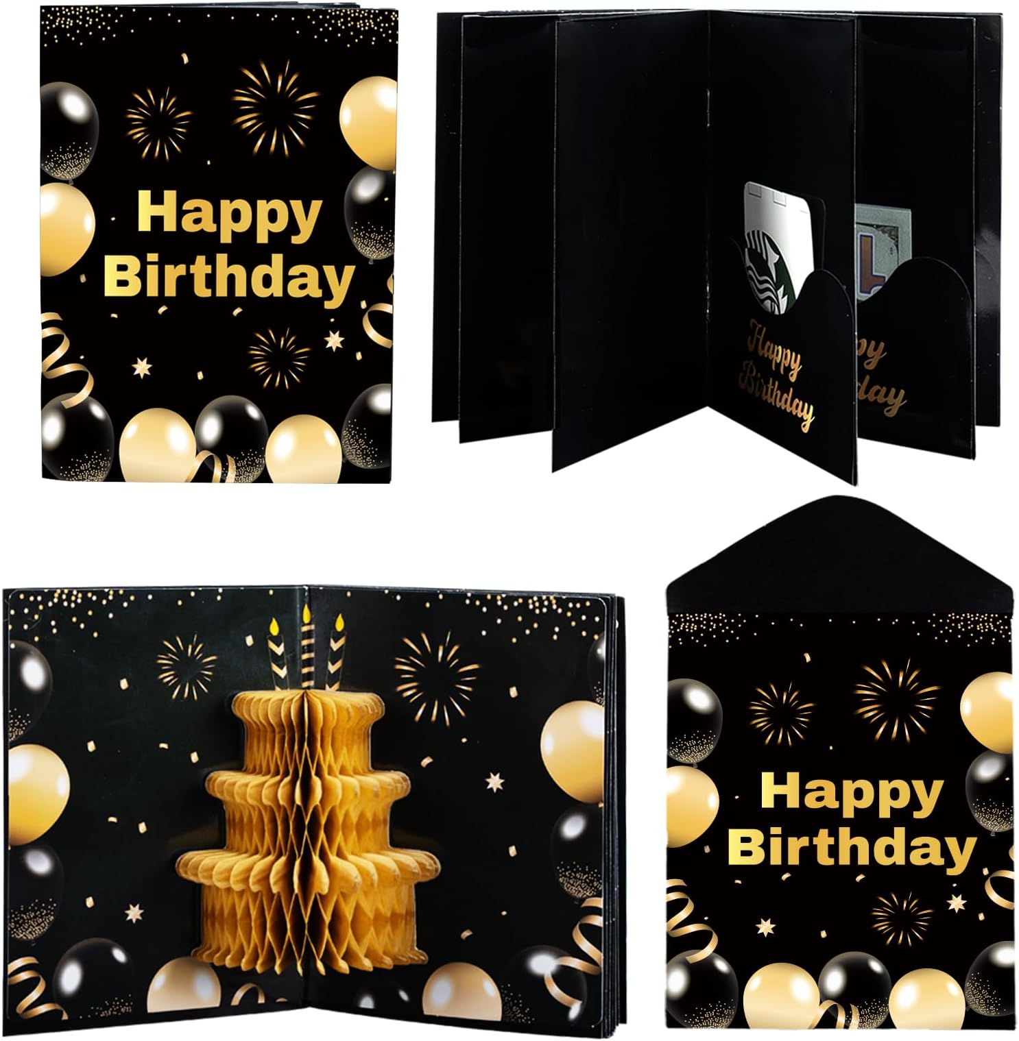 6 Slots 3D Happy Birthday Gift Card Booklet with Envelopes 3D Honeycomb Birthday Money Holder for Cash Gifts Surprise Money Card Sleeves Book Money Gift Ideas for Teacher Employee Friends (Black Gold)