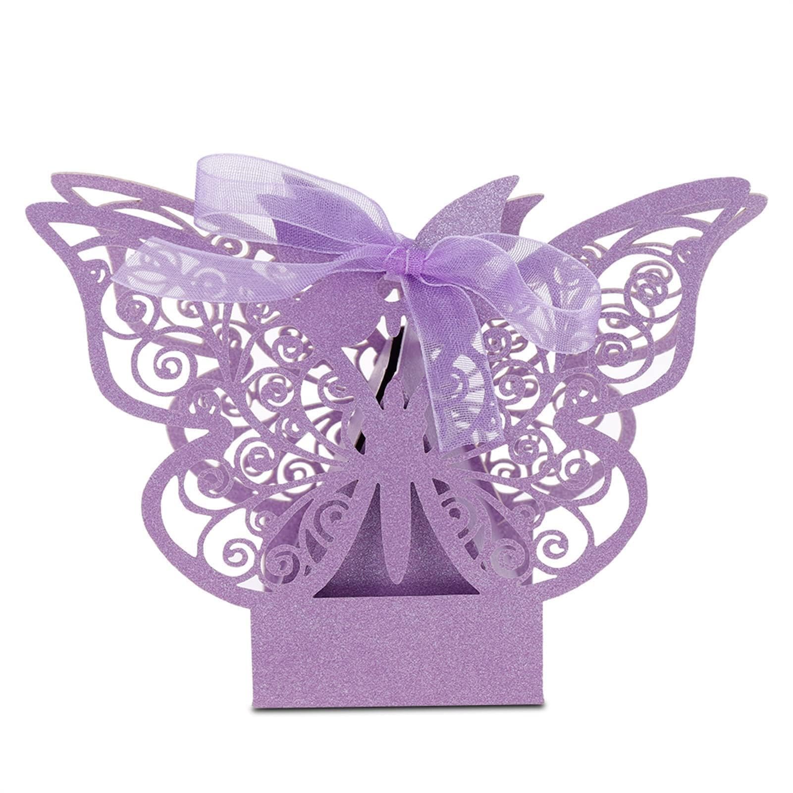 100PCS Wedding Favour Boxes,Wedding Sugar Box,European Style Butterfly Chocolate Hollow Candy Box Small Gift Boxes with Ribbon for Party Favors Birthday Decoration Supplies(Light Purple)