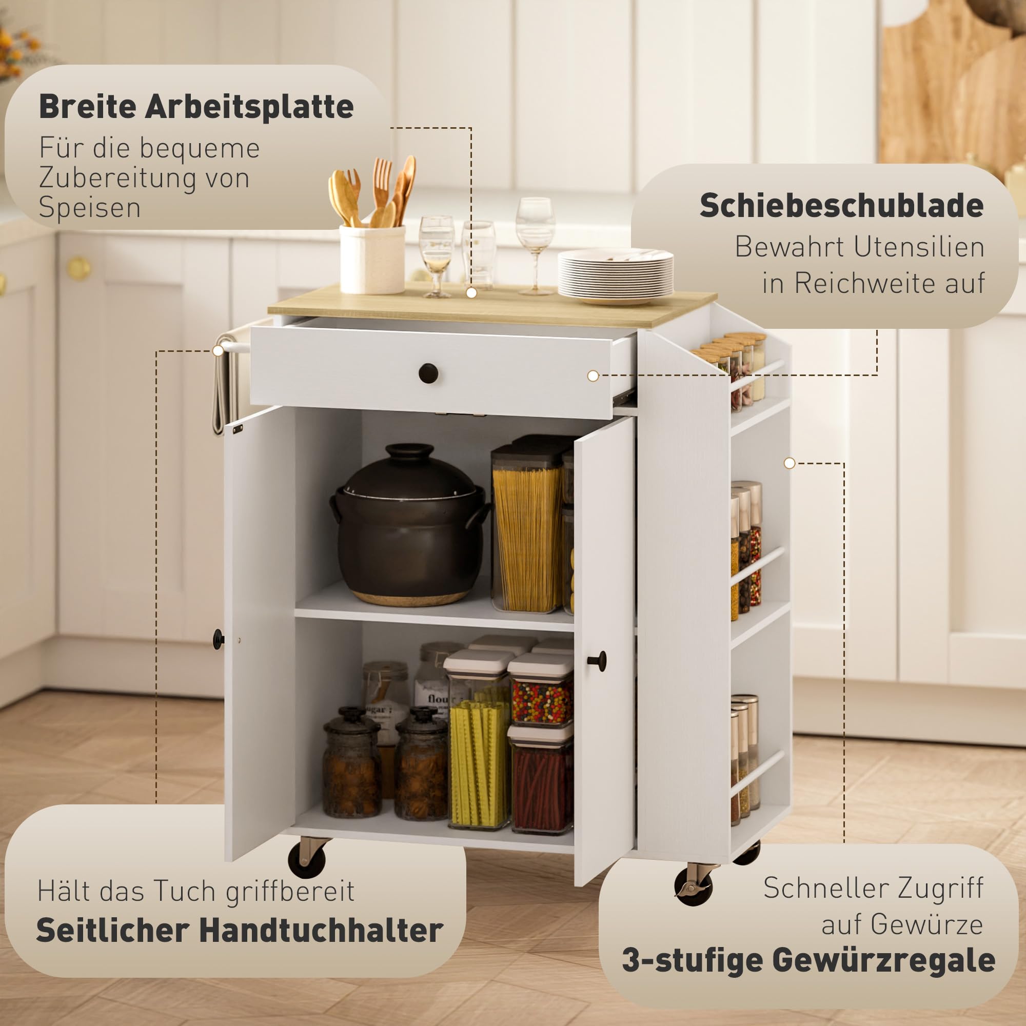HOMCOM Kücheninsel Küchenwagen auf Rollen mit Arbeitsplatte, Küchenschrank mit Schublade, Gewürzregal, Ablage, Handtuchhalter, Servierwagen Rollwagen für Küche und Esszimmer 82 x 38 x 86,5 cm Weiß