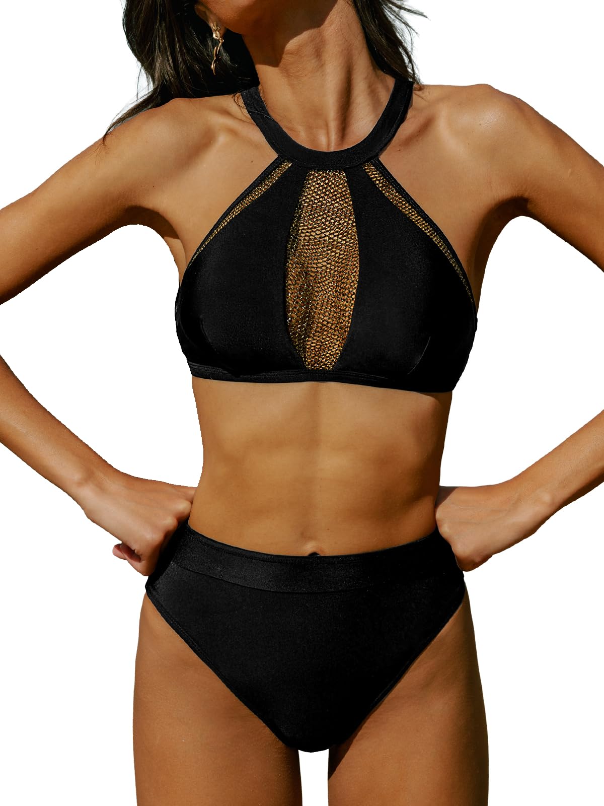 CUPSHE Damski zestaw bikini z wysokim stanem z wysokim dekoltem dwuczęściowy strój kąpielowy z siateczki, Czarny, S