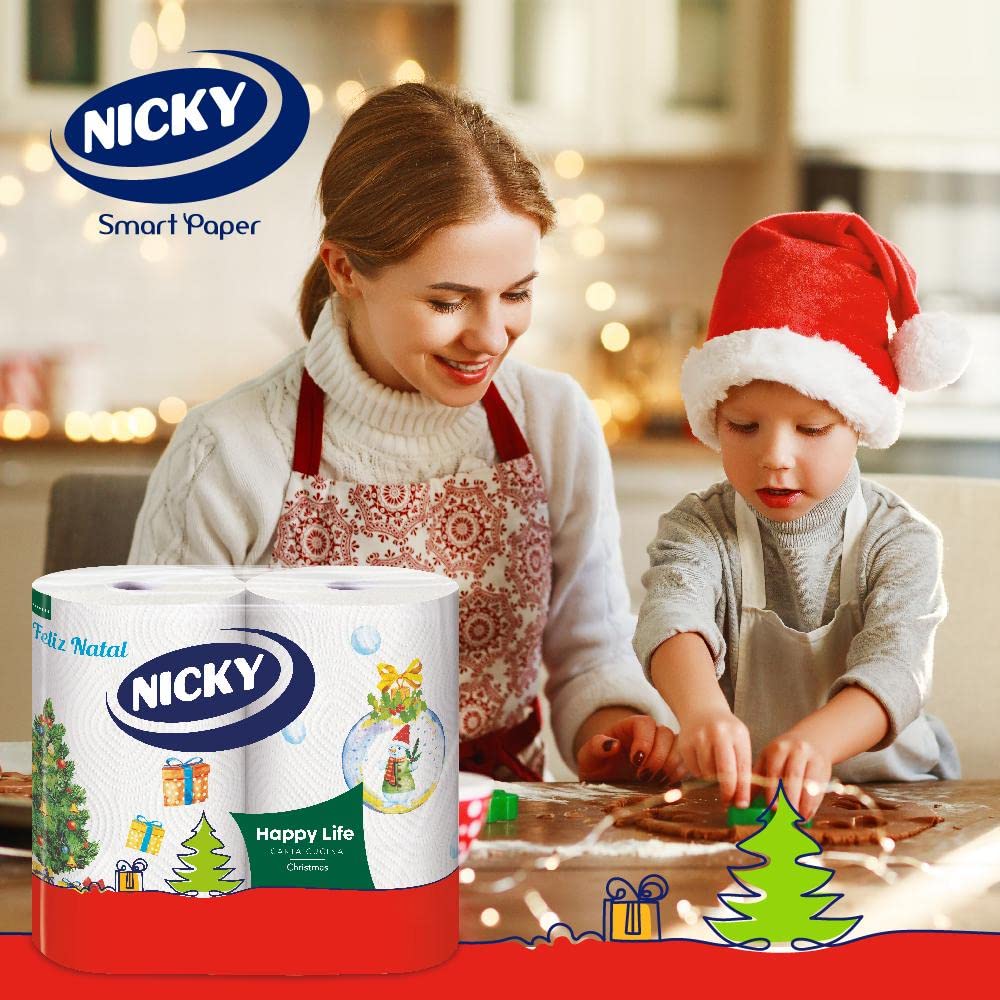 Nicky Happy Life Christmas - Carta Cucina Natalizia, 24 Rotoli Asciugatutto da 100 Strappi, Carta a 2 Veli, Apertura Facilitata, 4 decori natalizi diversi, Resistente ed Assorbente, Carta FSC