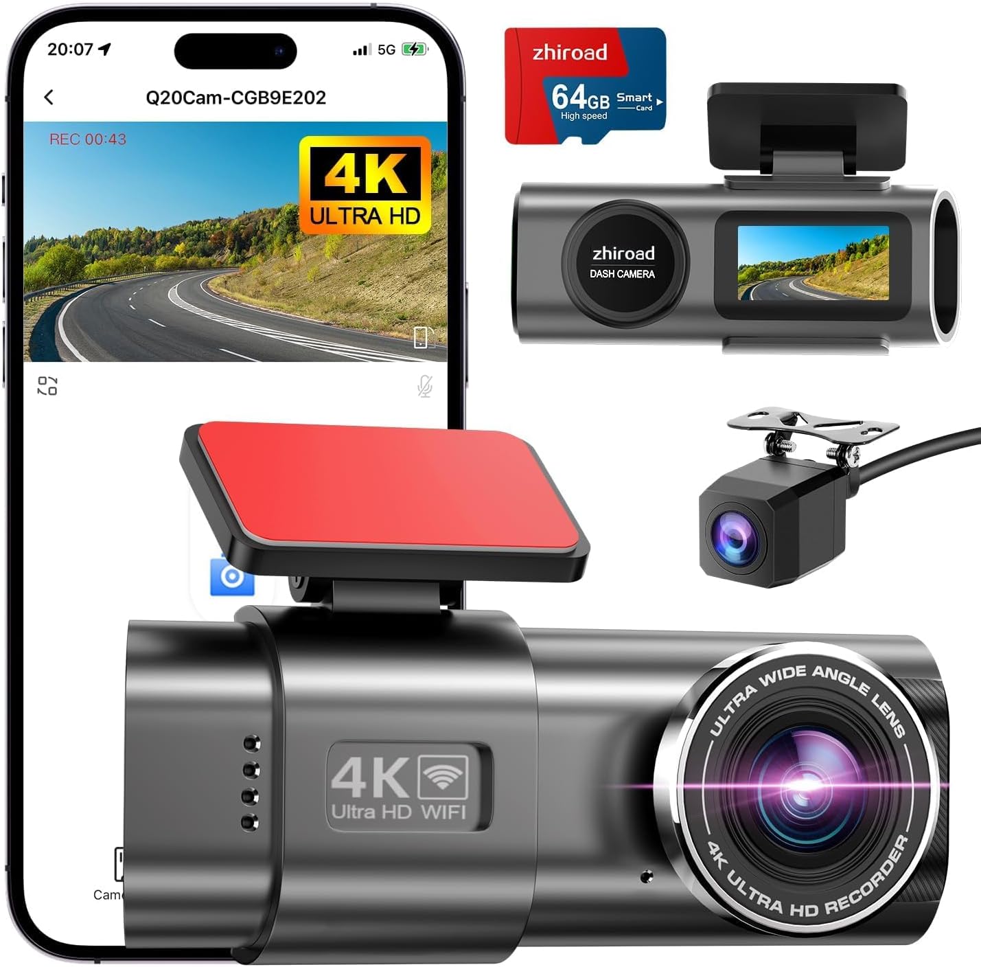 4K Dash Cam Front and Rear,Dual Channel Dash Camera for Cars WiFi Dashcam with 64GB SD Card,Smart App Control,Super Night Vision,WDR,Time Lapse,Parking Mode,G-Sensor,Loop Recording,Support Max 256GB