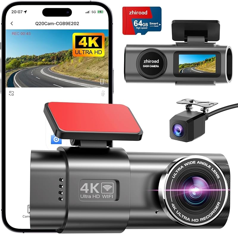 Dashcam Voiture 4K+1080P, Dash Cam avec écran IPS 1.47'', WiFi & App, Camera Voiture Grand Angle 170°, Vision Nocturne, Carte SD 64 G, WDR, G-Capteur, 24H Mode Stationnement, Enregistrement en Boucle