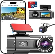 4K+1080P Car Dash Cam with 1.47" IPS Screen, WiFi & App, 170° Wide Angle Car Camera, Night Vision, 64G SD Card, WDR, G-Sensor, 24H Parking Mode, Loop Recording