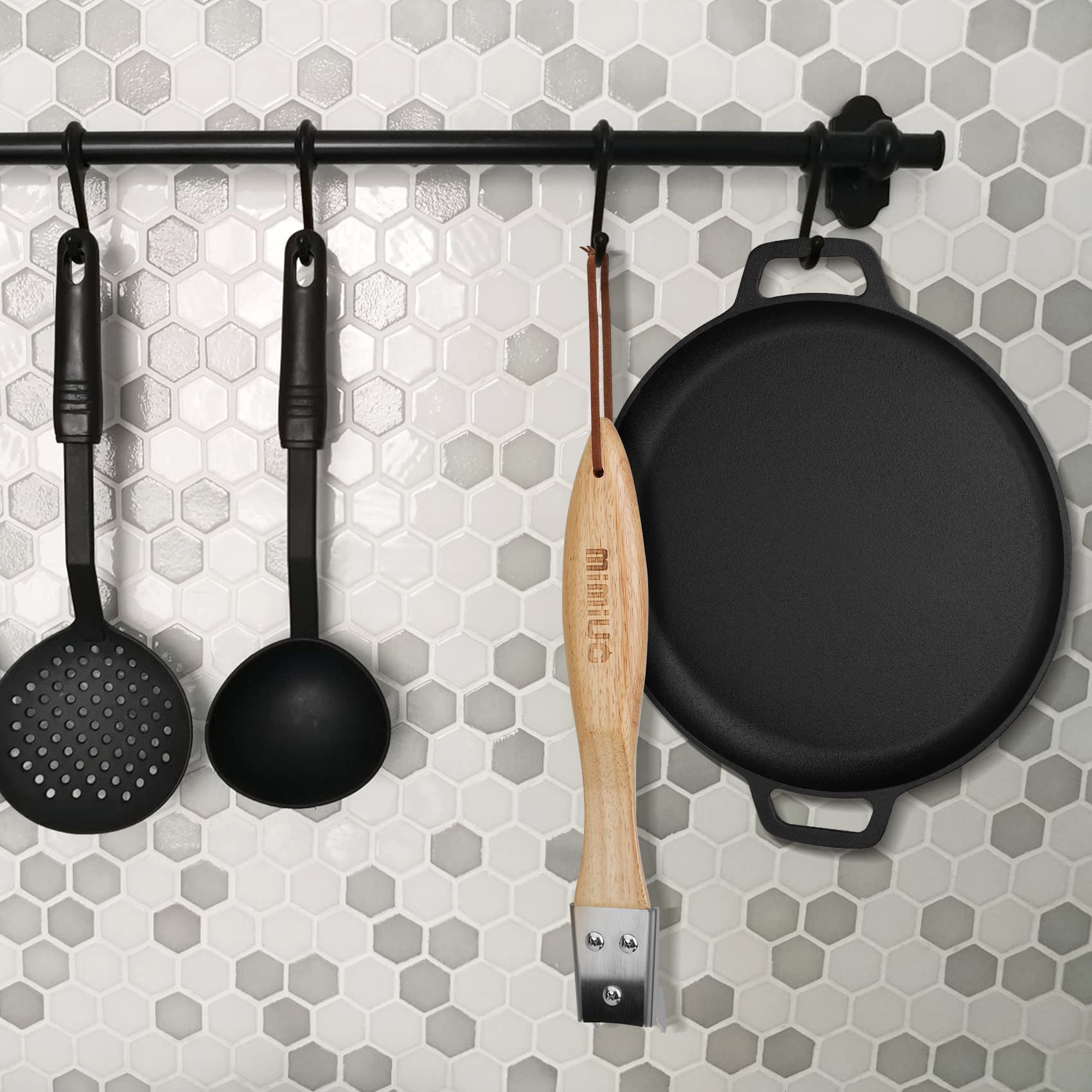 Mimiuo Poêle en Fonte, Ø 30cm Ronde Poele Grill avec Manche Amovible en Bois, Poêle à Frire à Steak BBQ pour Four à Pizza et Cuisinière