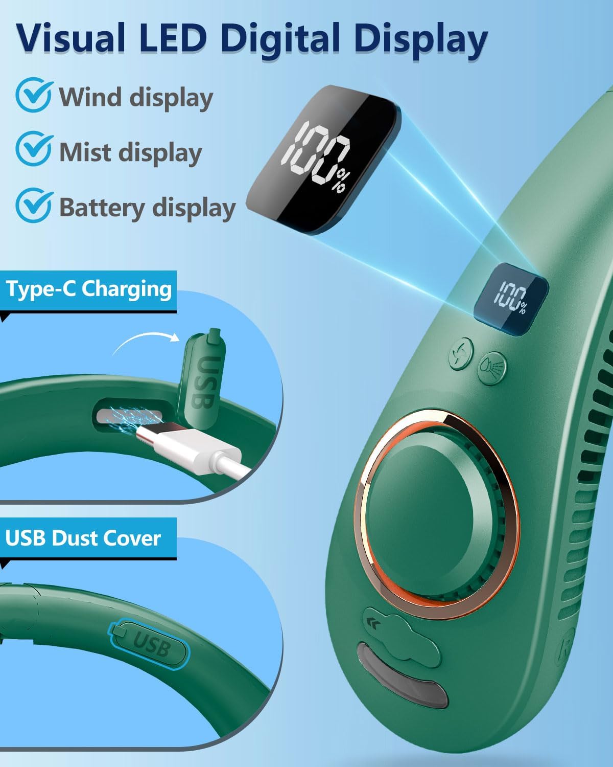 Neck Fans that Blow Cold Air, Personal Misting Neck Fan, Folded Light Weight Silencioso without Blades Strong 360°Airflow Fan that Goes Around Your Neck for Camping Outside Office Disneyland Green