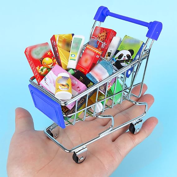2 Pcs Mini Shopping Trolley,Mini Shopping Cart Mini Trolley Mini Supermarket Handcart,Mini Shopping Grocery Basket for Kids Adults Desktop Decoration Make Up Holder Rack Storage (Red)