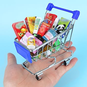 2 Pcs Mini Shopping Trolley,Mini Shopping Cart Mini Trolley Mini Supermarket Handcart,Mini Shopping Grocery Basket for Kids Adults Desktop Decoration Make Up Holder Rack Storage (Red)