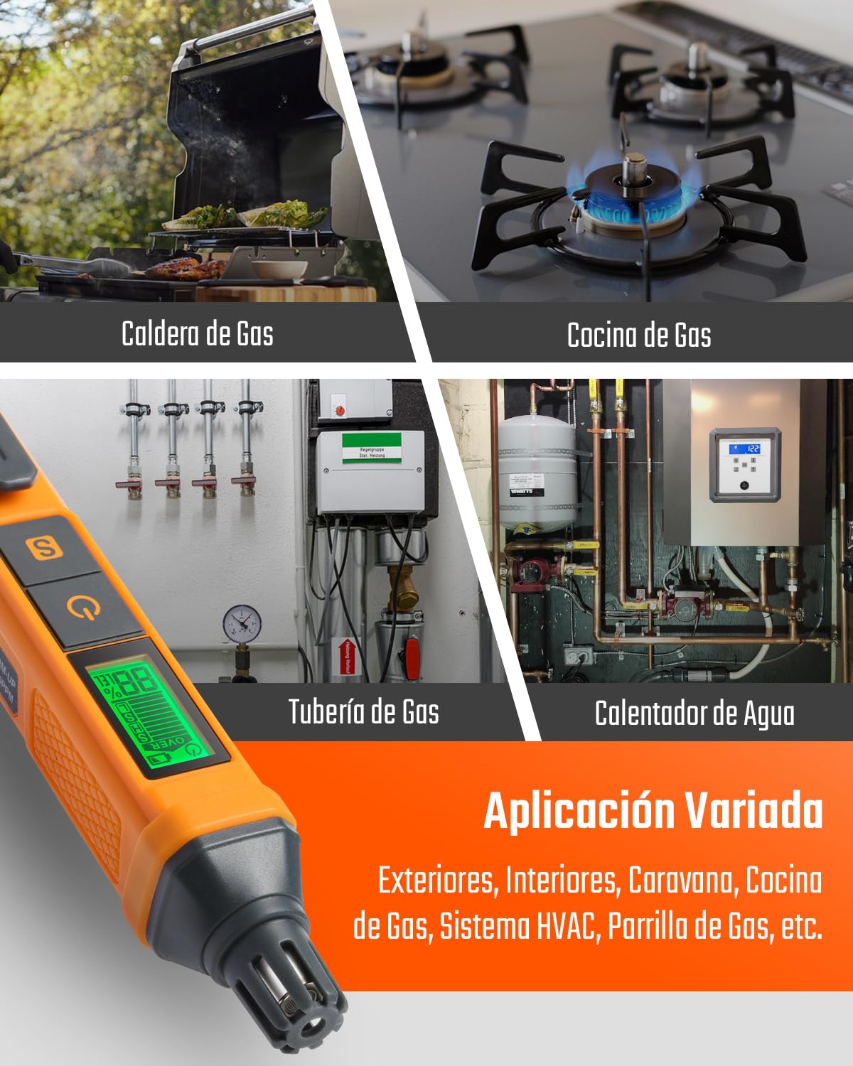 Detector de Gas TopTes PT205, Detector Fugas Gas Natural con Alarma Sonora y Visual, Detector Gas de Propano, Metano, Butano y Gas Combustible con%LEL, para Hogar y Caravana (Incluye 2 Pilas)-Naranja
