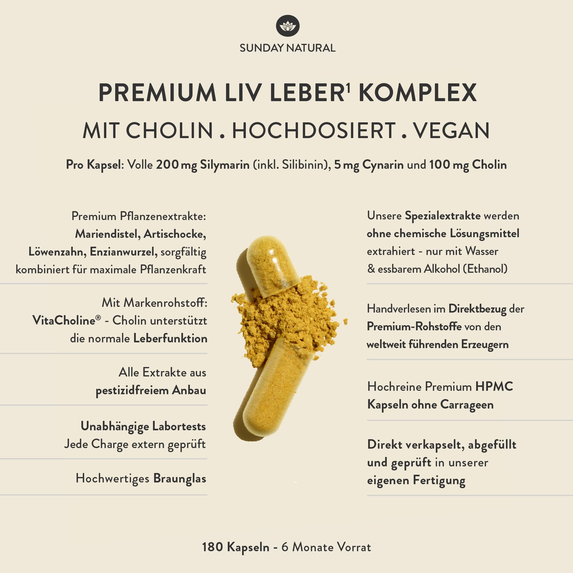 SUNDAY NATURAL® Mariendistel Artischocke Löwenzahn - 180 Cholin Kapseln - Leber Komplex mit 80% Silymarin & 100mg Cholin - Hochdosiert, vegan, laborgeprüft in Deutschland