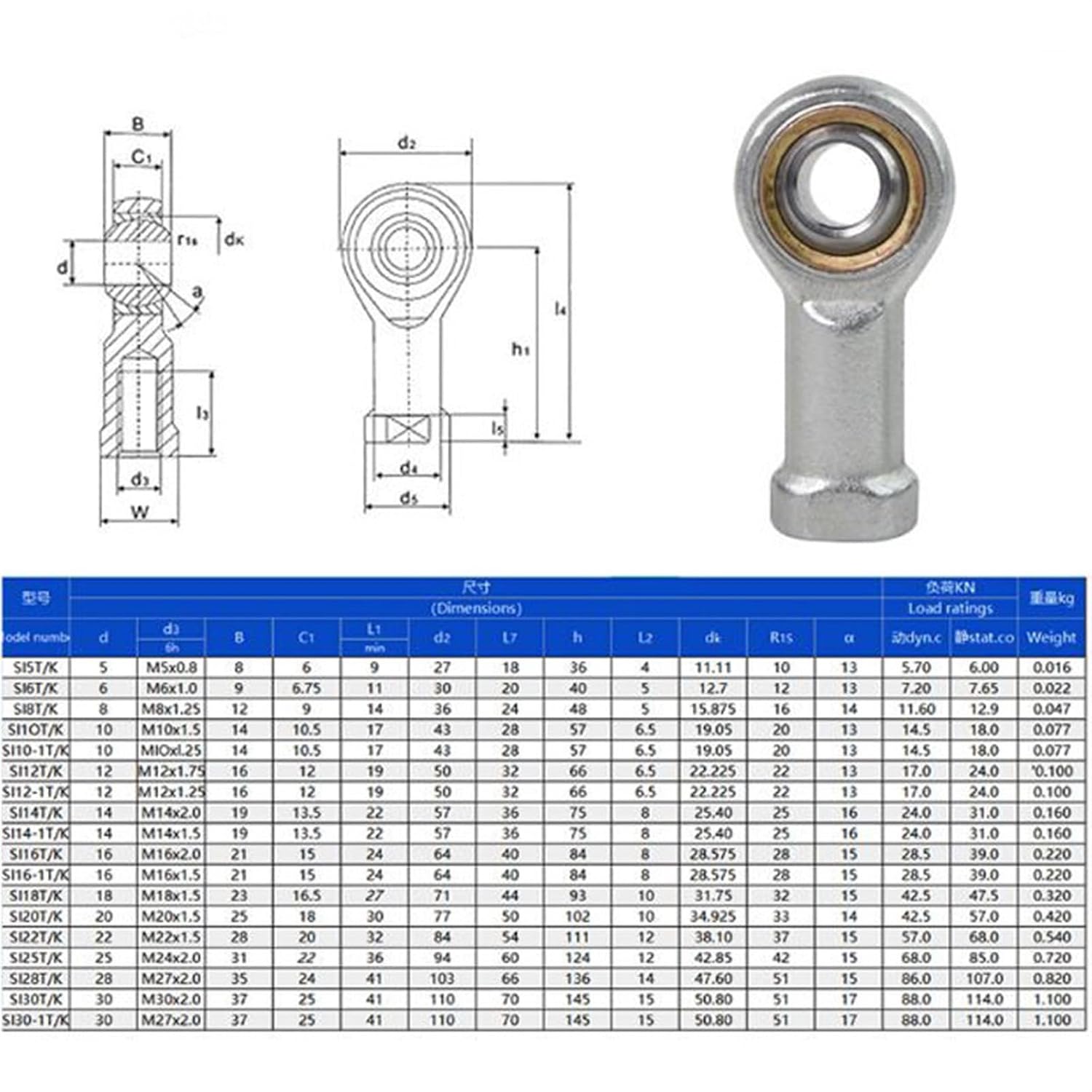 Rod End Spherical Bearings 5mm6mm8mm10mm12mm/ Male/Female SA SI T/K Ball Joint Metric Threaded Rod End Bearing Fisheye Joint(SI8 and SA8)