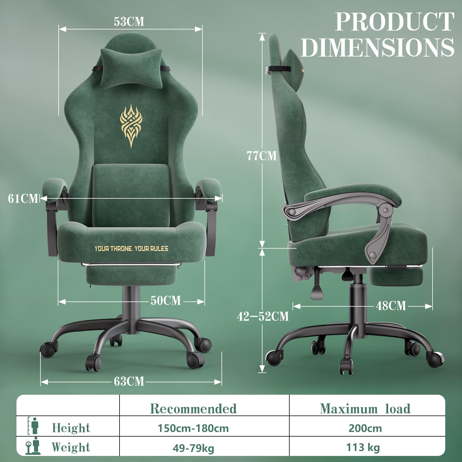 Verdego Chaise Gaming Ergonomique, Fauteuil Gaming avec Support Lombaire Massante, Repose-Pieds Télescopique, Appui-Tête, Tissu Velours, Inclinable 125°, Chaise Gamer Réglable en Hauteur (Vert)