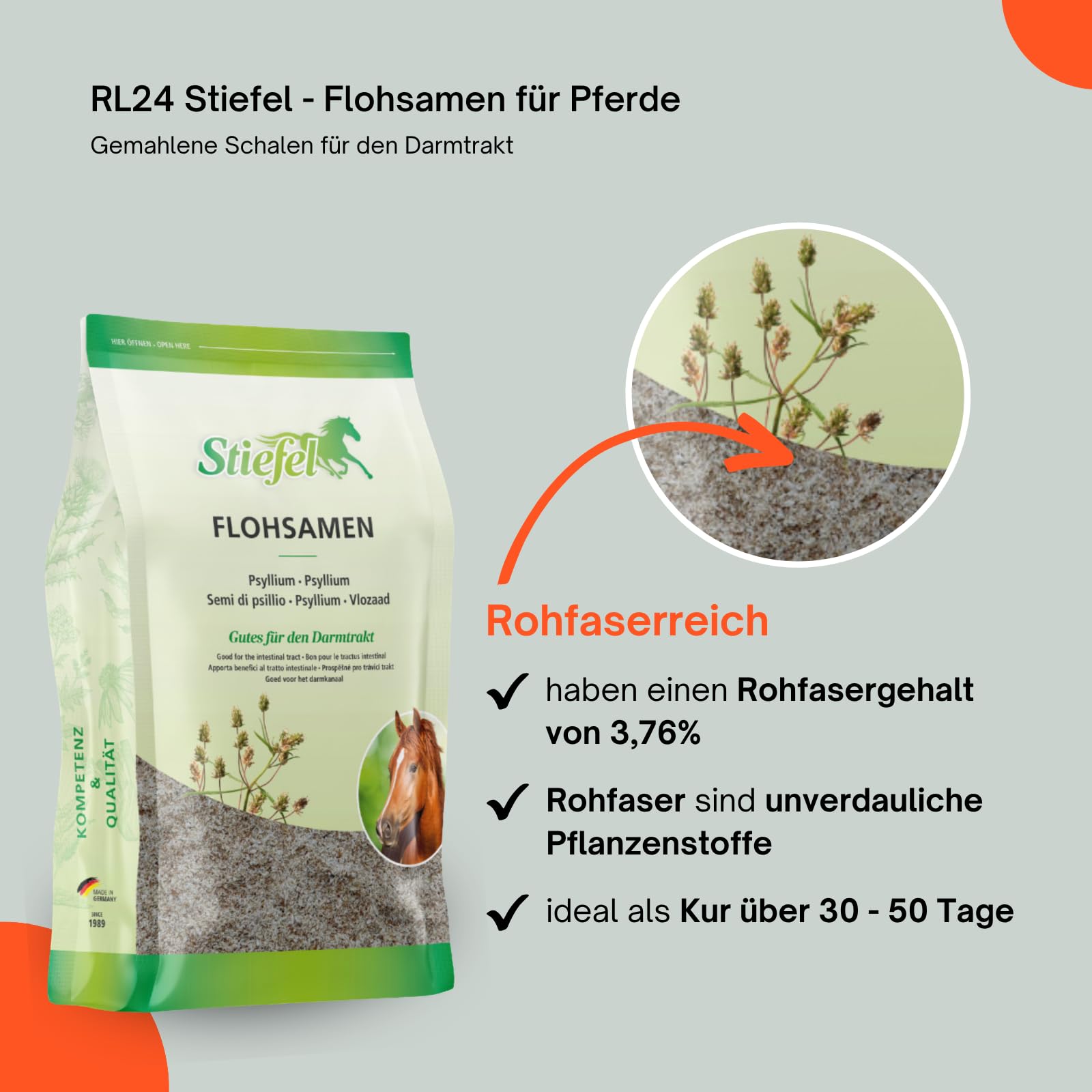 RL24 Stiefel - Flohsamen für Pferde – 5 x 1000 g Beutel (5er Set) | Gemahlene Schalen für Darmtrakt – quellfähige Flohsamenschalen können Selbstreinigungsfunktion des Darms unterstützen