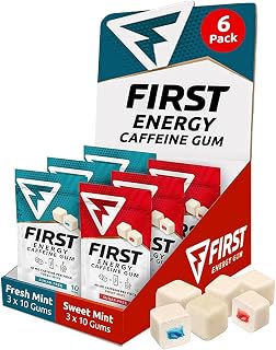 First Energy Caffeine Gum Variety Pack, Sugar-Free & Fast-Acting Focus & Energy Gum Booster for Sports, Work, Study, Drive & On-The-Go Alertness, 6 Pack of 10 Pieces (3 Fresh Mint Packs & 3 Sweet Mint)