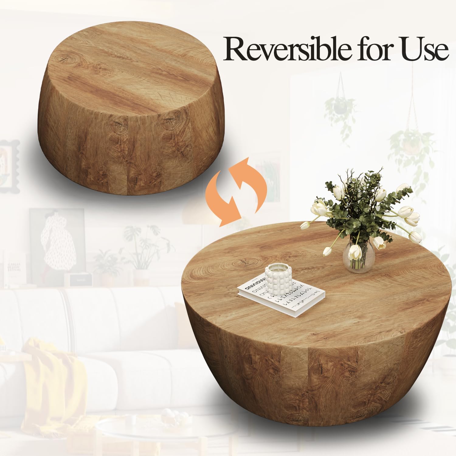 Wooden Coffee Table Modern Coffee Table Rustic Center Table with Metal Leg for Living Room Reception Room Office (Wood, Round)