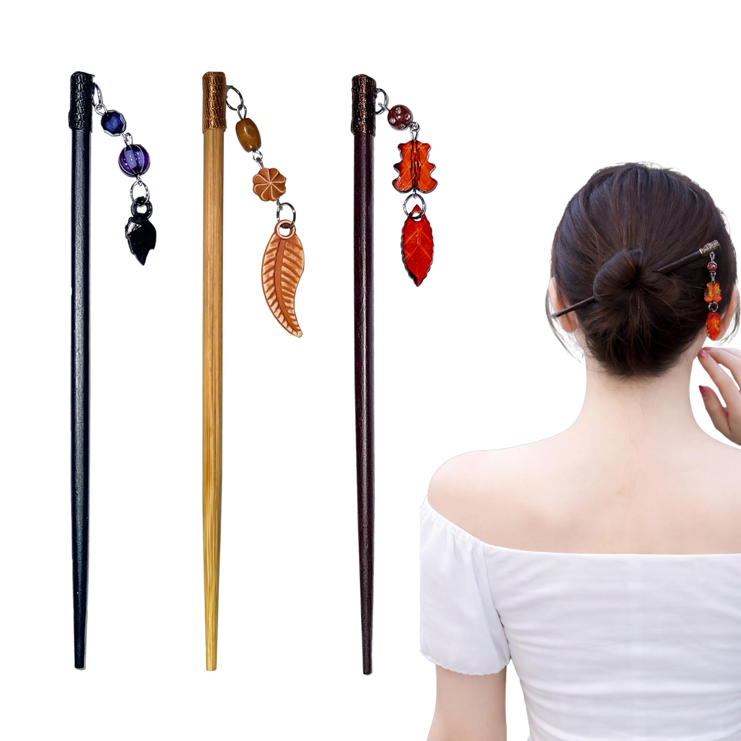 Wooden Juda Stick With Latkan For Hair Bun, Multicolour Hair Bun Stick For Women & Girls, Fancy Juda Hair Stick Wooden Bun Accessories For Long Hair Styling (3 Pcs, Multicolour)-image-48