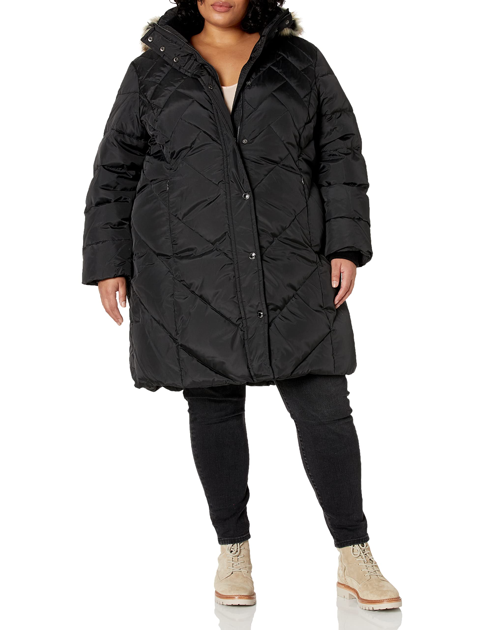 Women's Plus Size Snap Front Hooded Multi Pattern Quilt Down Coat, Black, 3X-image-34