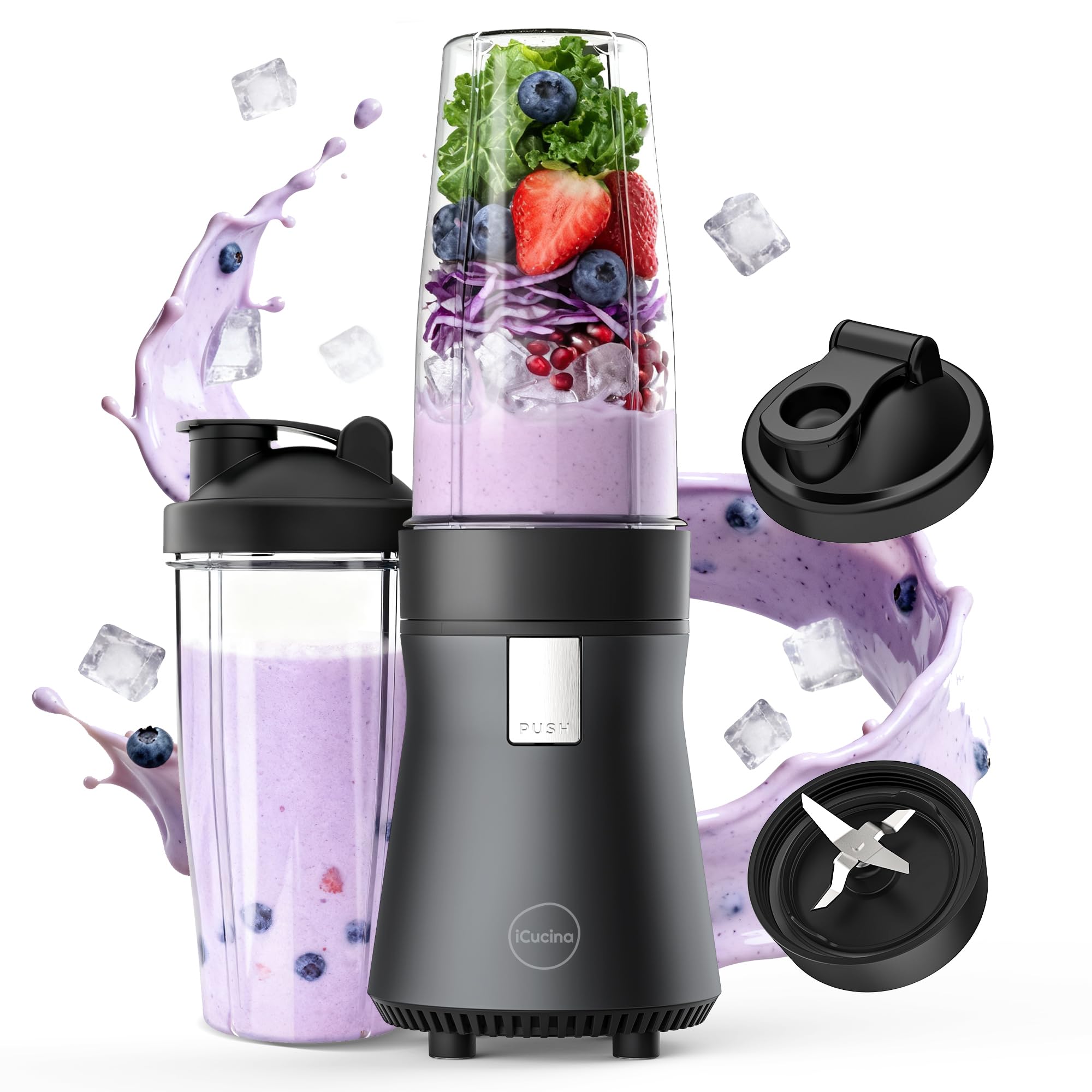 ICUCINASmoothie Blender, Personal Blender for Shakes and Smoothies, 500W Pulse Technology Single Serve Blenders with 2 x 28oz Protable Cups for Ice Crush, Frozen Fruit Drinks