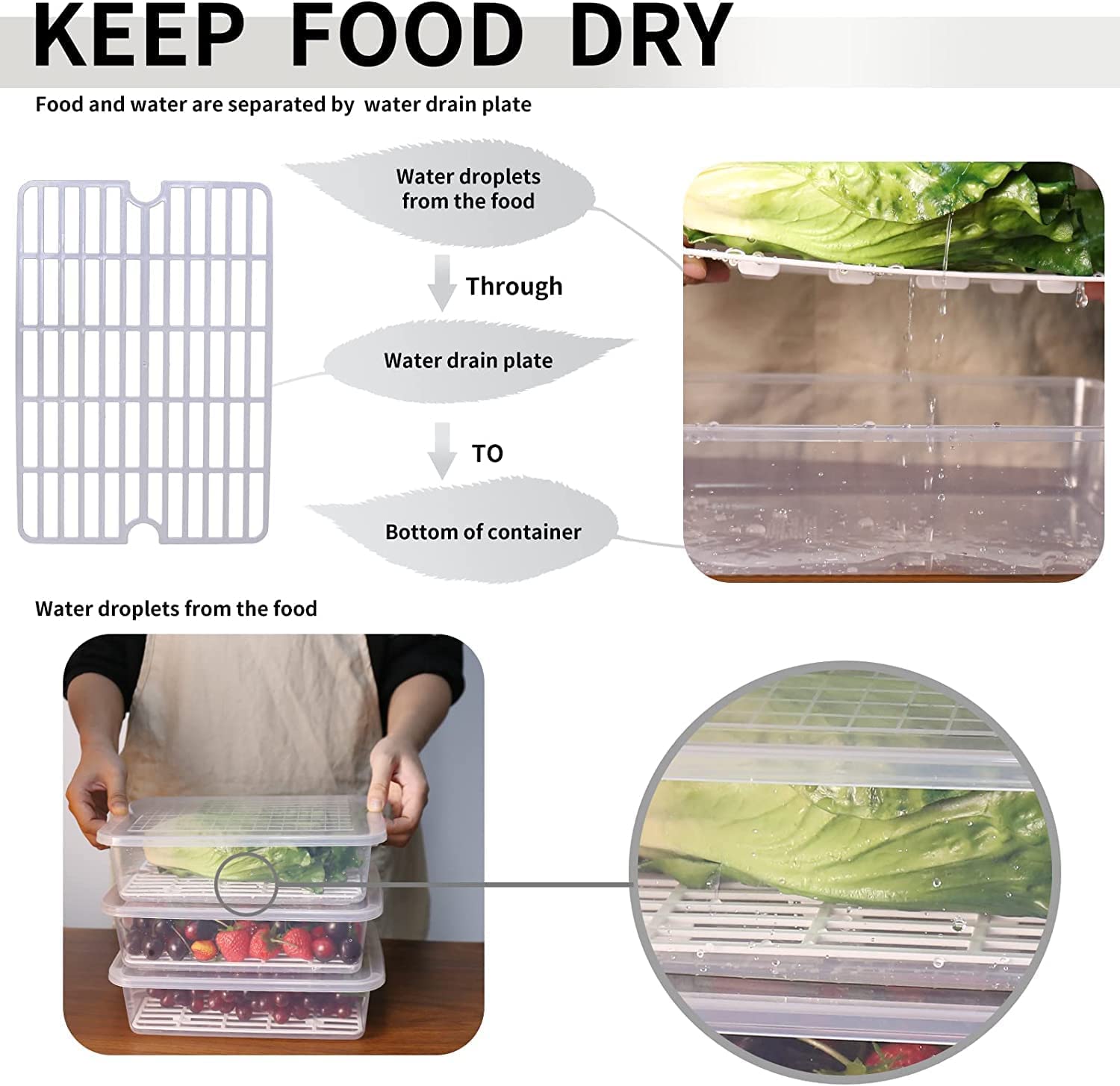 Raawan Cajas de almacenamiento para refrigerador (paquete de 6), organizador de refrigerador con placa de drenaje extraíble y tapa, bandeja de almacenamiento portátil apilable para mantener fresco