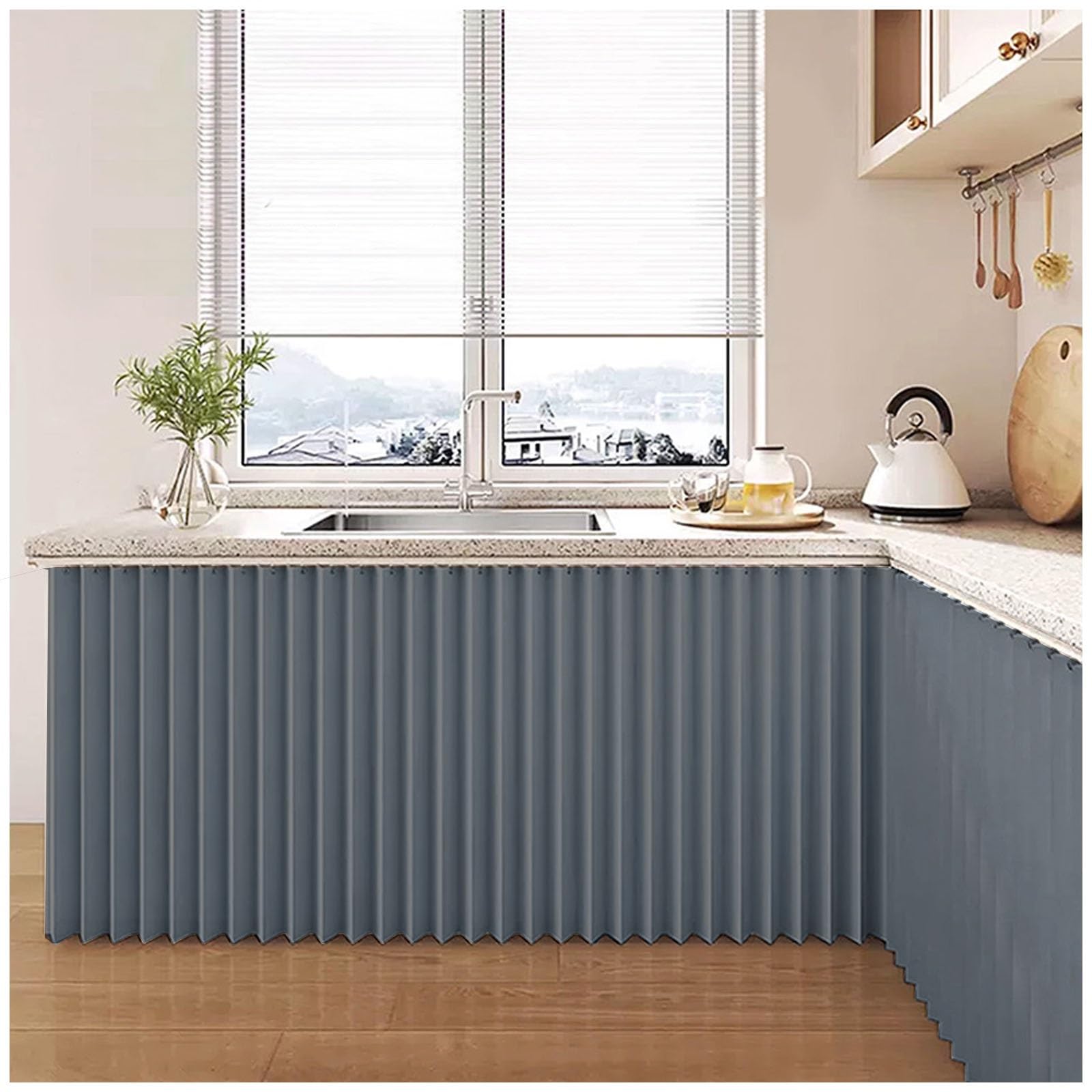 Cupboard Curtain Kitchen - Dustproof Blackout Waterproof Cafe Short Curtains with Self Adhesive Track, Under Sink/Counter Curtain, Kitchen Cabinet/Wardrobe/Washing Machine Curtains(Blue,140x70cm)