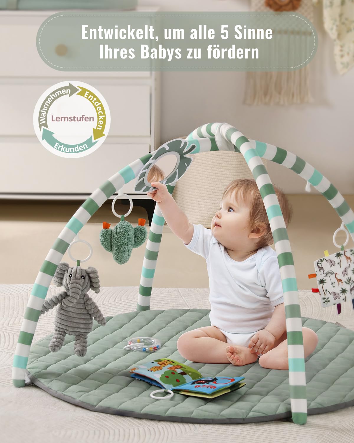 Blissful Diary Spielbogen Baby, Spieldecke Baby Gym Activity Decke mit 6 Abnehmbare Spielzeuge, krabbeldecke Einfach zu Installieren und zu Reinigen, Unverzichtbare Babygeschenke, Salbeigrün