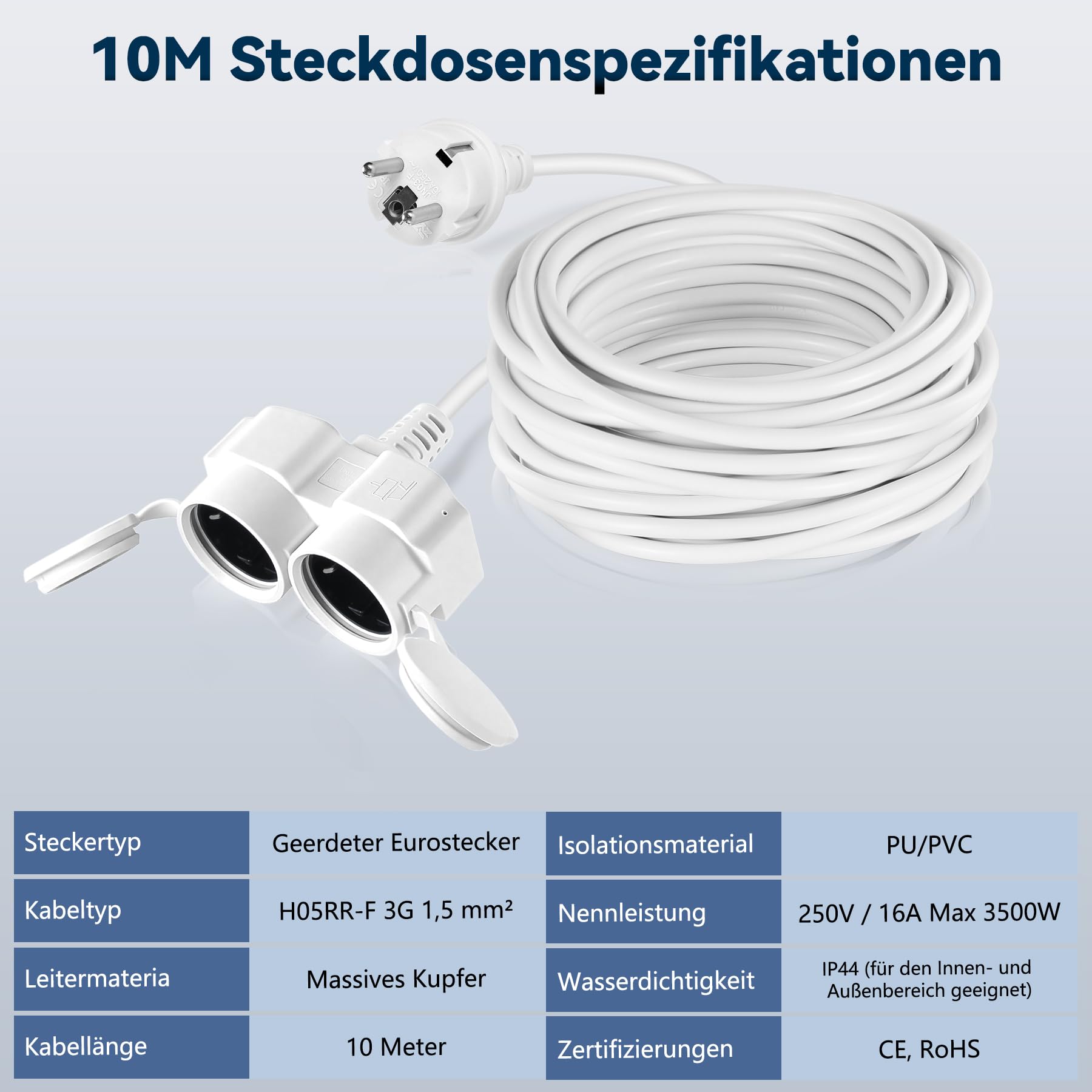 Stromkabel Verlängerung, Aussensteckdose wasserdicht mit 2 Steckdosen und Staubschutzabdeckungen, Steckdosenverlängerung für Innen und außen,Max 3500W/16A 250V,IP44, 10M Stromkabel(Weiß)