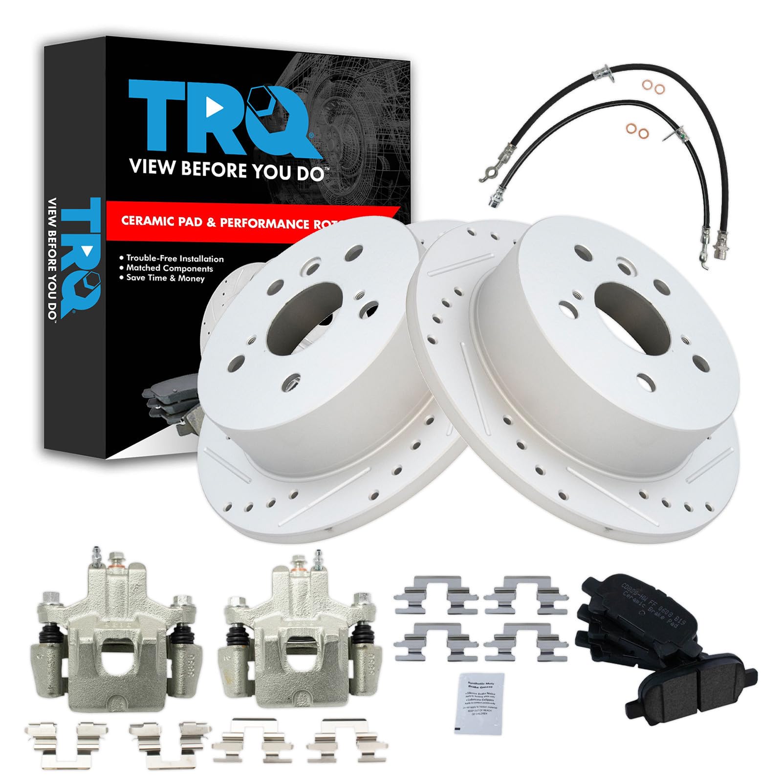 TRQ Performance Rear Brake Pad and Rotor Set Ceramic Slotted Drilled Calipers Compatible with 2006-2007 Toyota Avalon 2006-2008 Solara