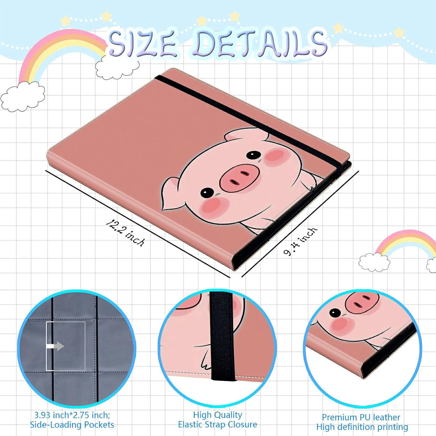 Rossy 9 Pocket Card Binder, 900 Cards Trading Card Binder Holder Card Collection Binder Card Album Double Sided Pockets Card Holder Card Case for Sports Cards,Baseball Card,Cute Pink Pig