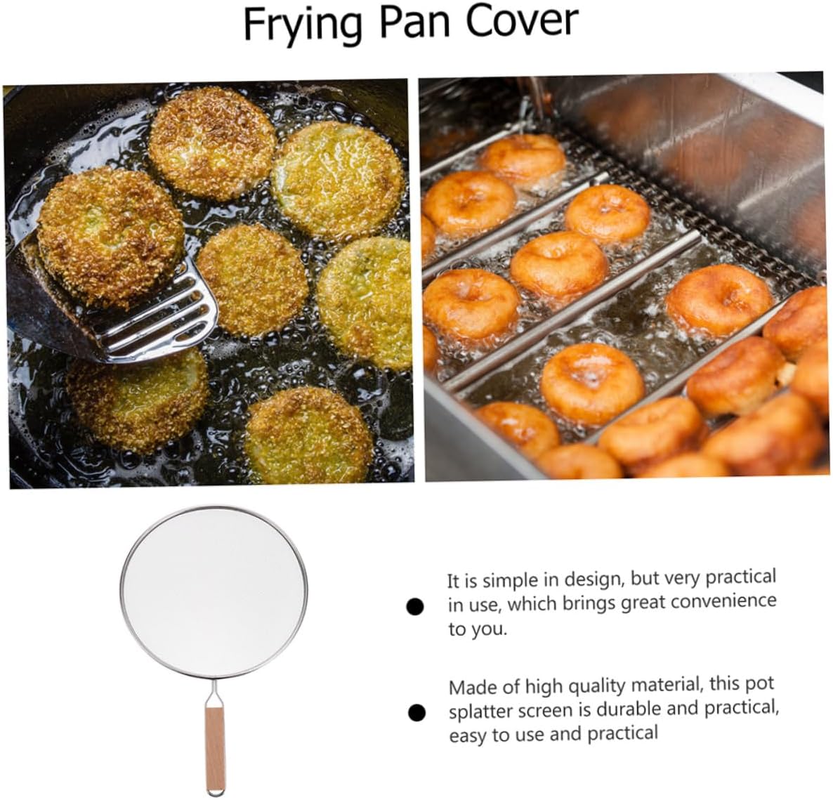 Stainless Steel Splatter Screen Wooden Long Handle Oil-Splash Guard for Frying Pans Kitchen Cooking Lid Heat-Resistant Easy to Use