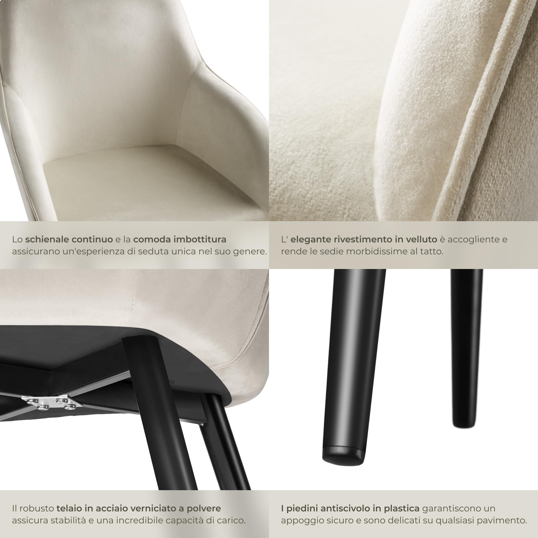 tectake® Set 6 Sedie Sala da Pranzo Effetto Velluto, Sedie Soggiorno con Morbida Imbottitura, Seduta Ergonomica, Poltrone Velluto Versatili, Sedie Design Moderno - Crema/Nero