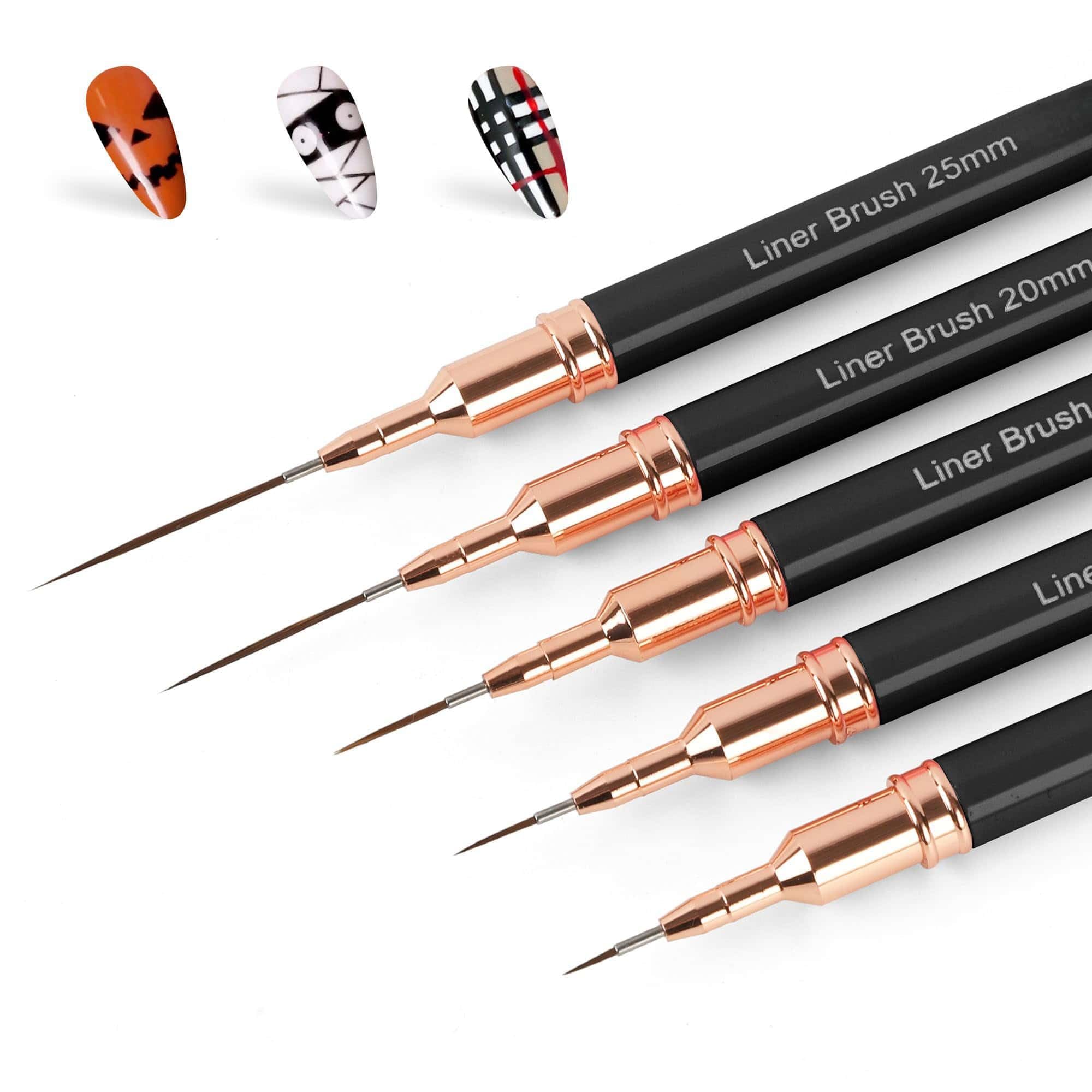 Xfopz Metallic Nail Art Pens, Liner Brushes Set, 5PCS Black Color Nail Tools For Long Lines, Thin Details, Fine Drawing, Liner Brush UV Gel Polish Painting Nail Design Sizes 5/8/12/20/25mm