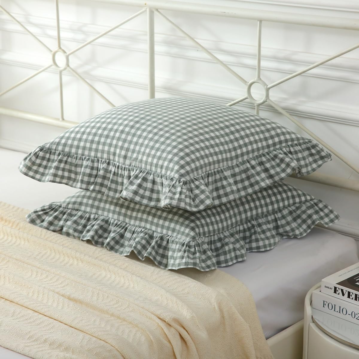 Mywinlle 2 Pack Vintage Dusty Green Plaid Ruffle Throw Pillow Covers,Washed Cotton Checkered Gingham Pillow Covers 20"x20" for Sofa,Couch,Bed and Living Room