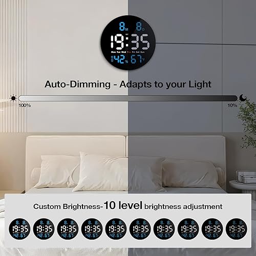 Miniatura 4 de Reloj de pared digital de 10 pulgadas con pantalla grande, reloj LED para pared con control de extracción, relojes eléctricos para aula, dormitorio,