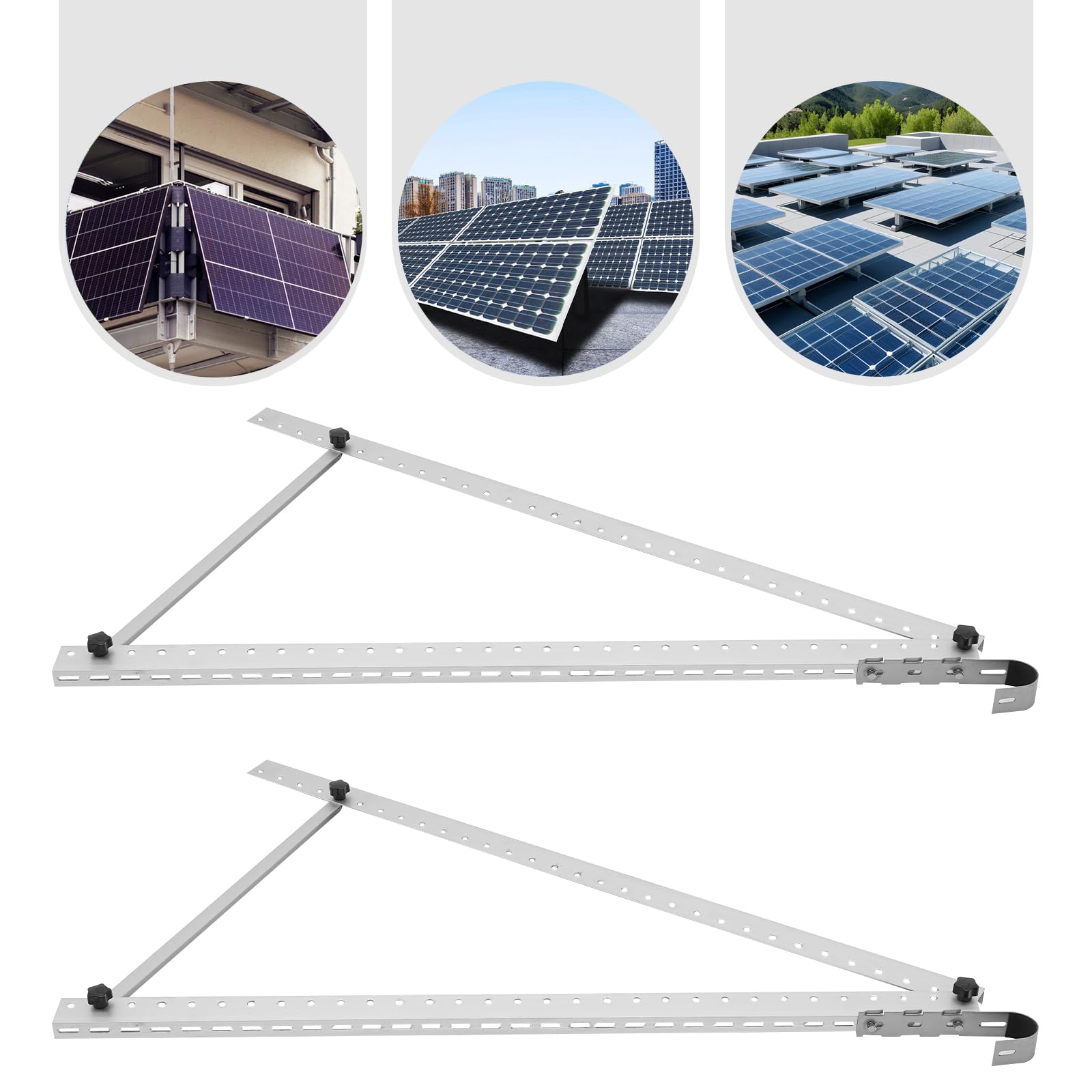 Soporte de montaje para panel solar, aluminio y acero inoxidable, plata, ángulo de inclinación de 0-90°, juego de 2 para propietarios solares y clientes respetuosos con el medio ambiente