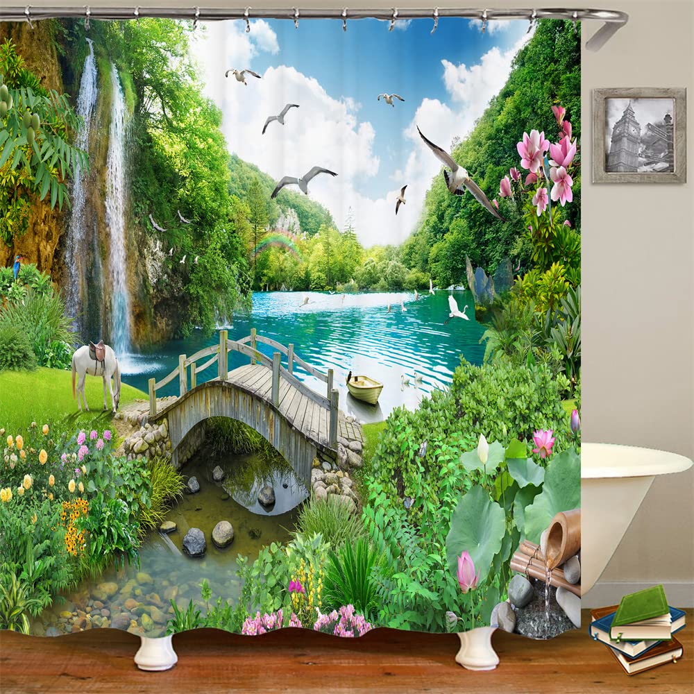 JIANGLANY Spring Landscape Shower Curtain Waterfall Wooden Bridge Animal Printed Bathroom Decoration Waterproof Fabric Curtains with Hooks 180x180cm (3)