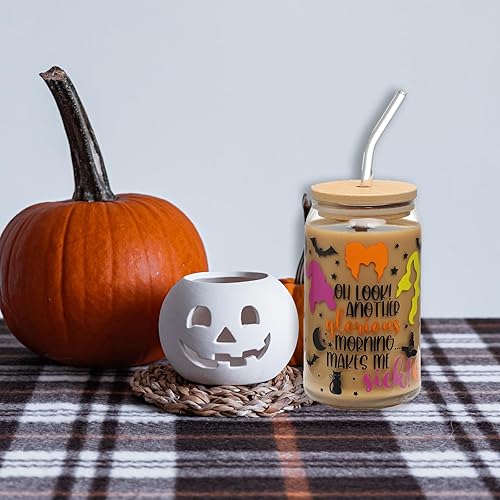 Miniatura 7 de OhLook - Taza de cristal para beber de fantasmas de Halloween, calabaza espeluznante de 16 onzas con tapa y popote en forma de lata de vidrio con
