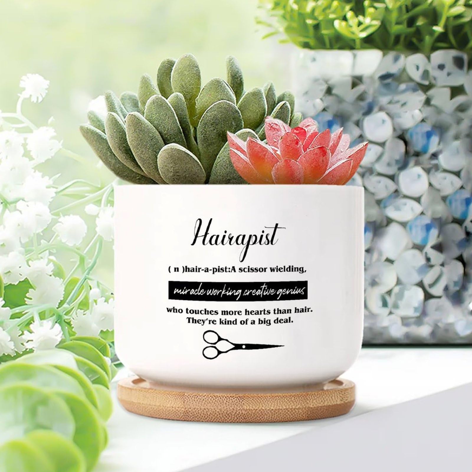 Yelolyio Barber Shop Hairdresser Planters Ceramic Sayings Lettering Round Plant Pot With Drainage Holes And Bamboo Tray Pot For Home Office Decoration