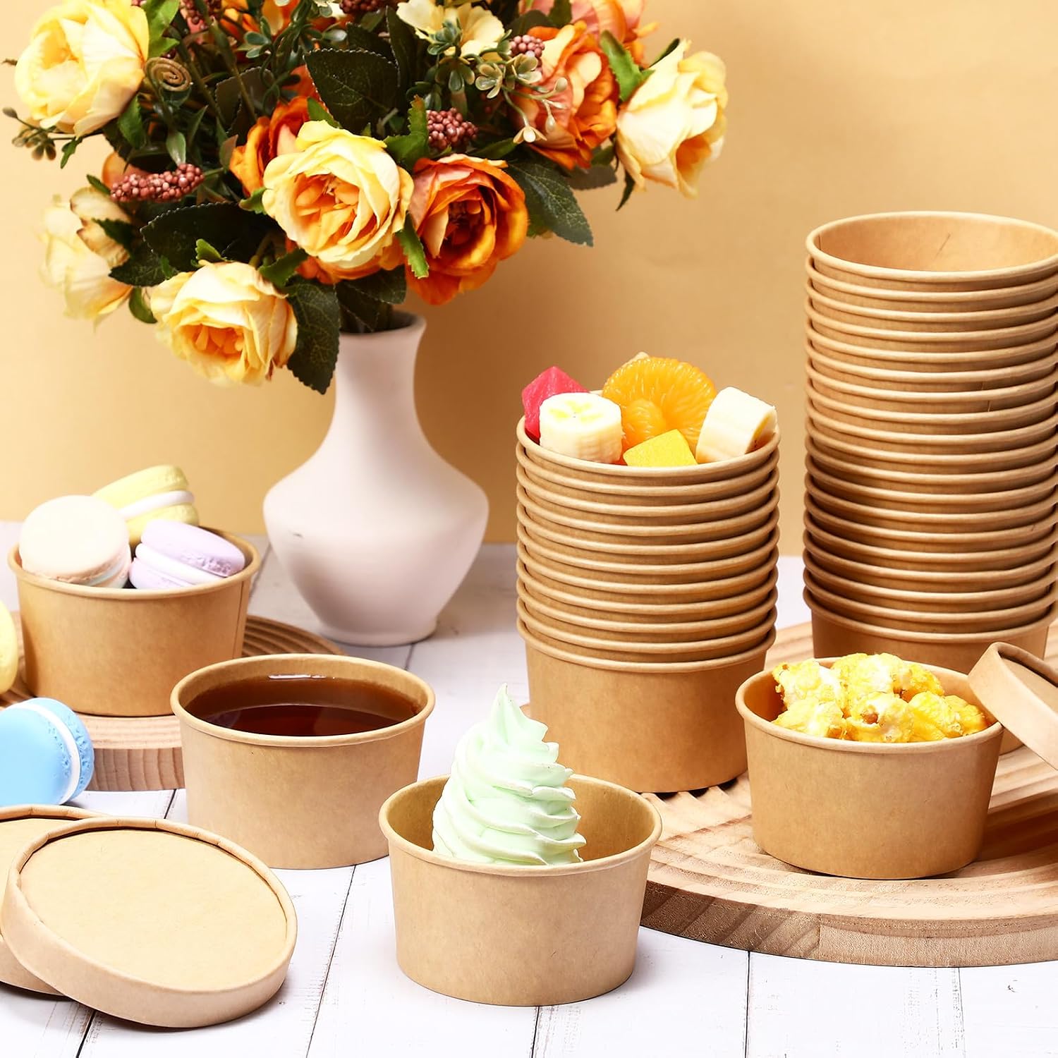 Fulmoon 50 Pack 4 oz Paper Soup Containers with Lids, Disposable Kraft Paper Soup Cups Ice Cream Bowls Food Storage with Lids, Microwavable and Freezer(Brown)