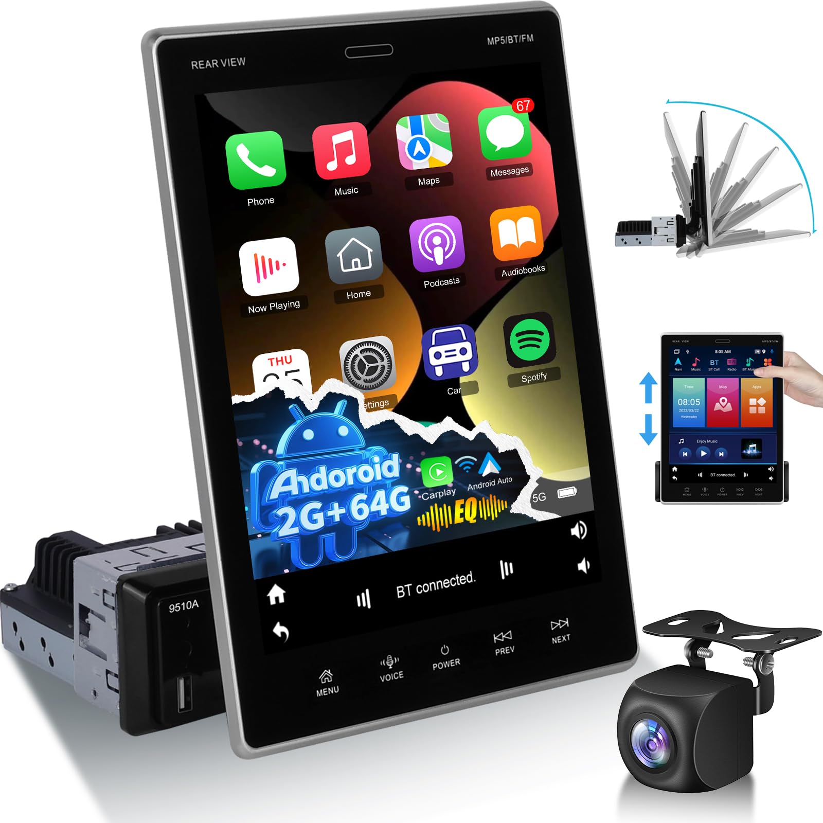 [2+64G] Android Single Din Carplay Radio - 9.5 Inch Movable Vertical Touch Screen Car Stereo with Wireless Android Auto, EQ, WiFi, GPS, Fast Charging,