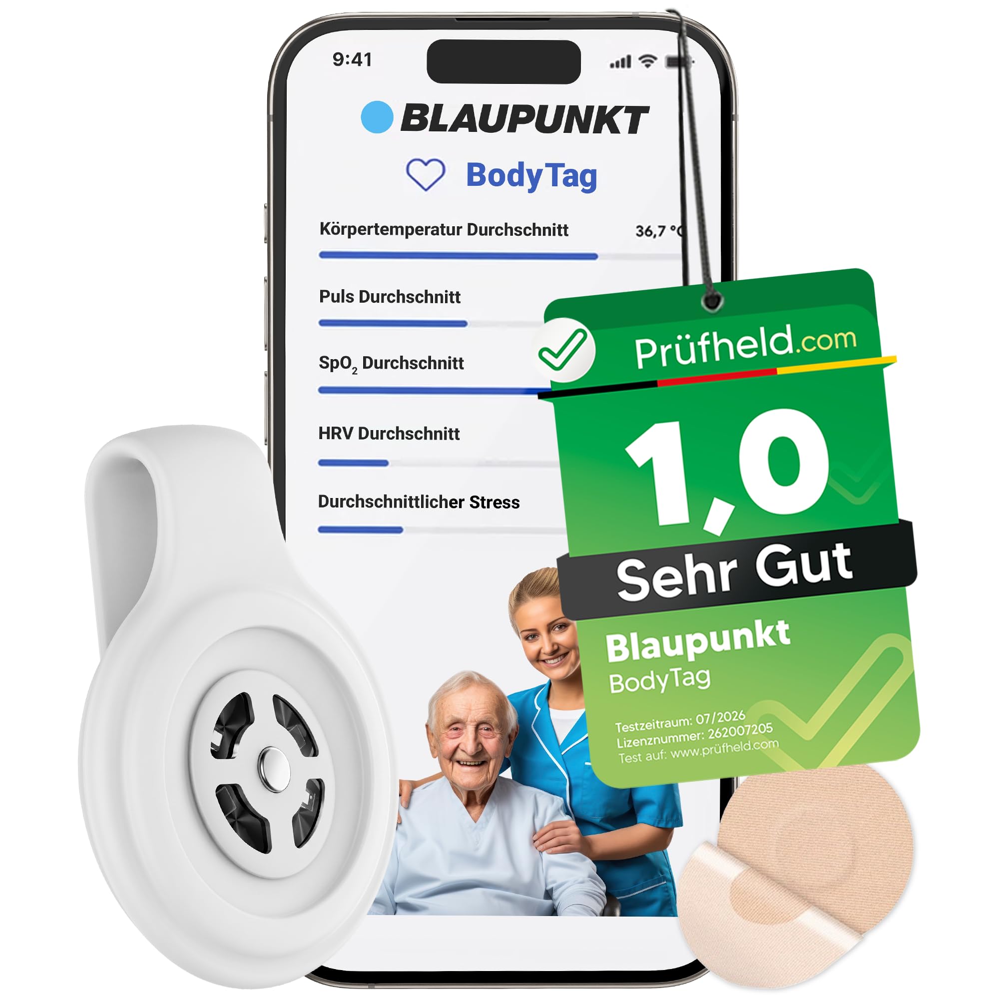 BLAUPUNKT [Test SEHR GUT, Note 1.0 BodyTag Gesundheitstracker mit Fieberthermometer & Alarm für Senioren & Erwachsene, Pflege Zubehör, Alternative zu Gesundheitsuhr & Armband