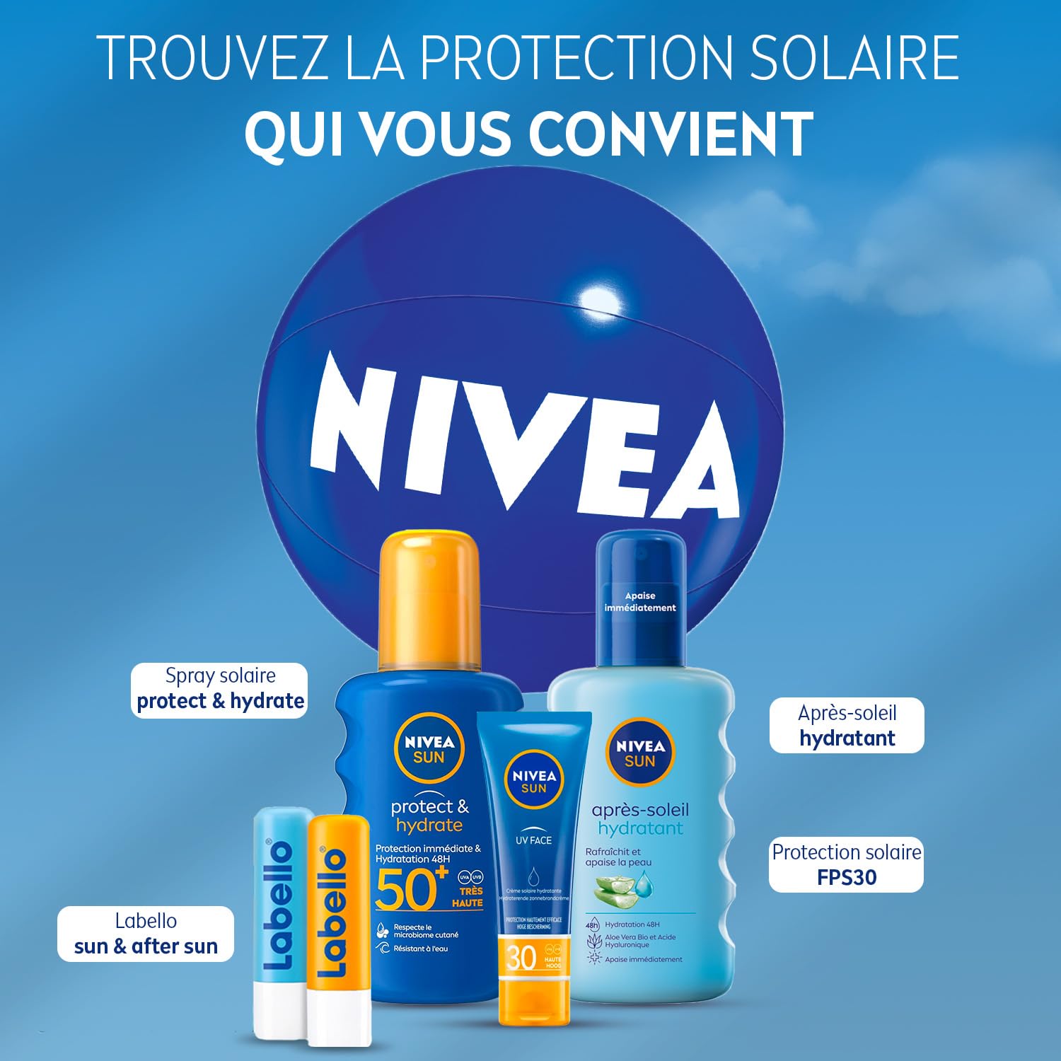 NIVEA SUN - Coffret Protection Solaire - Crème Solaire Visage FPS 30 (50 ml) + Spray Protect & Hydrate FPS 50+ (200 ml) + Spray Après Soleil (200 ml) + Duo Labello Sun & After Sun + Ballon De Plage