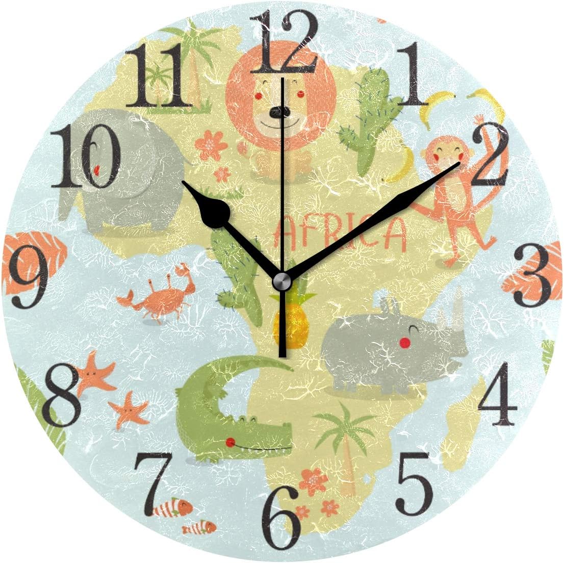 senya Wall Clock Silent 9.5 Inch Battery Operated Non Ticking Cartoon Animal Lion Monkey Elephant Crocodile and Hippo-Africa Round Decorative Acrylic Quiet Clocks for Bedroom Office School Home
