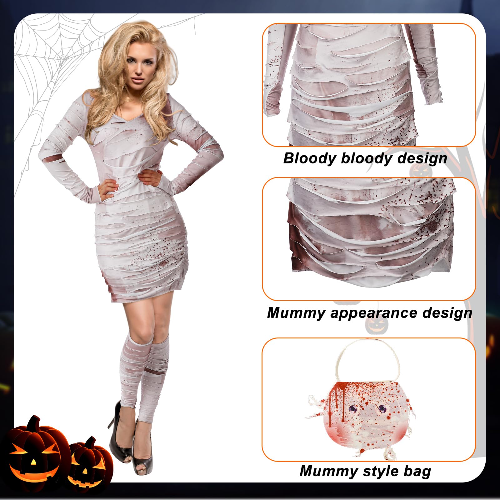 Liitrsh 5 Pcs Halloween Mummy Costume for Women Unwrapped Mummy Outfit Set Mummy Dress Hood Leg Sleeve Handbag for Cosplay(L)